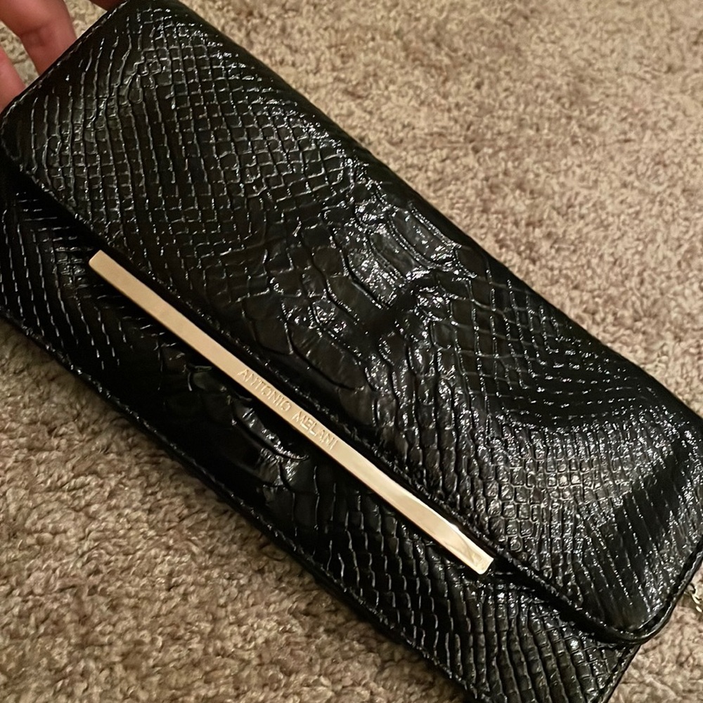 Patent leather snakeskin embossed party clutch